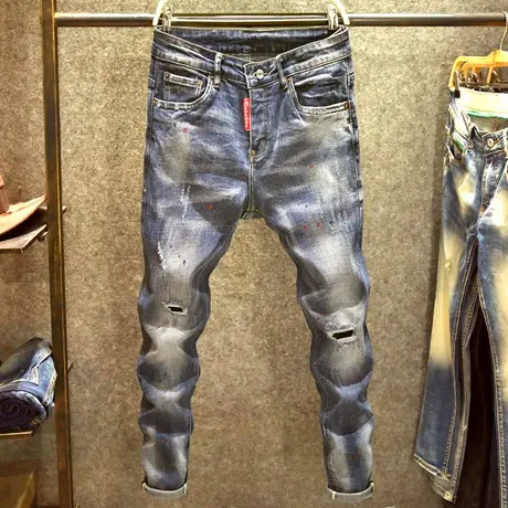 蓝色潮牌泼墨牛仔裤男破洞修身小脚裤个性彩色腰牌春秋款弹力长裤商品大图