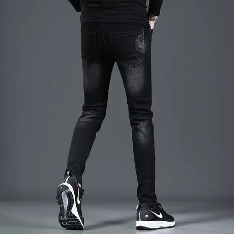 牛仔裤男秋冬黑色修身小脚潮牌2022新款后袋印花潮流男士裤子痞帅商品大图