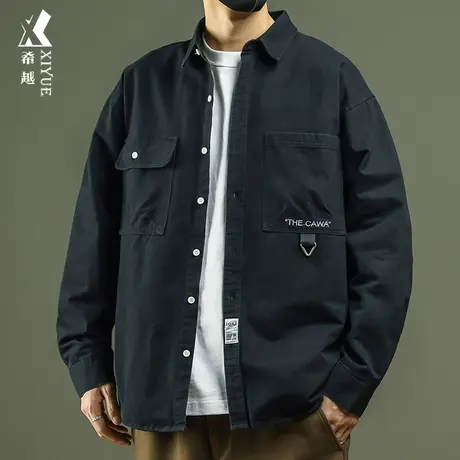 个性痞帅刺绣衬衫外套男2023秋季新款宽松大码潮流复古水洗夹克棉商品大图