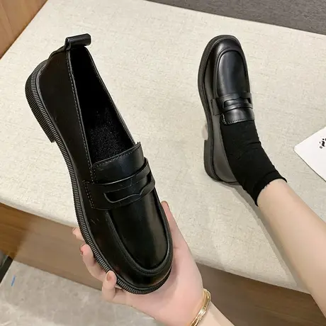 黑色复古英伦风小皮鞋子2023春季新款单鞋一脚蹬乐福鞋JK女鞋软底图片