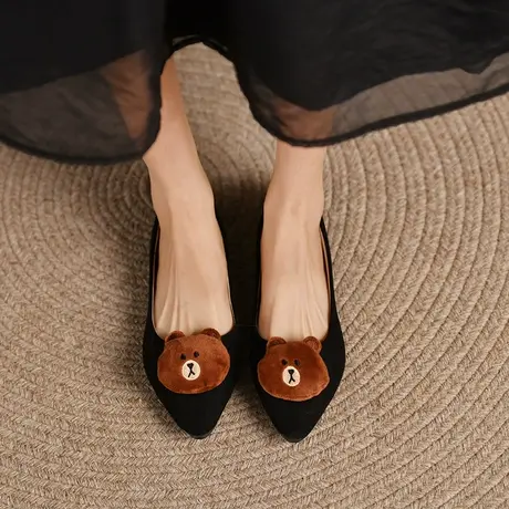 单鞋女2023尖头平底秋季百搭浅囗黑色鞋女上班卡通可爱一脚蹬女鞋商品大图