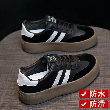 黑色运动鞋女防水防滑皮面女鞋2023秋季新款阿甘鞋软底厨房工作鞋图片