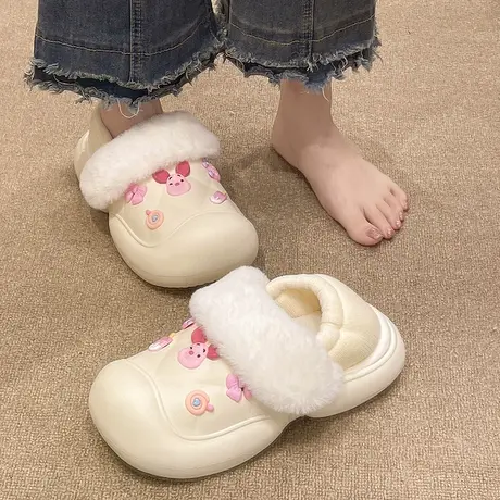 可爱卡通小猪防水棉拖鞋女外穿冬季包跟厚底室内家居加绒保暖棉鞋图片