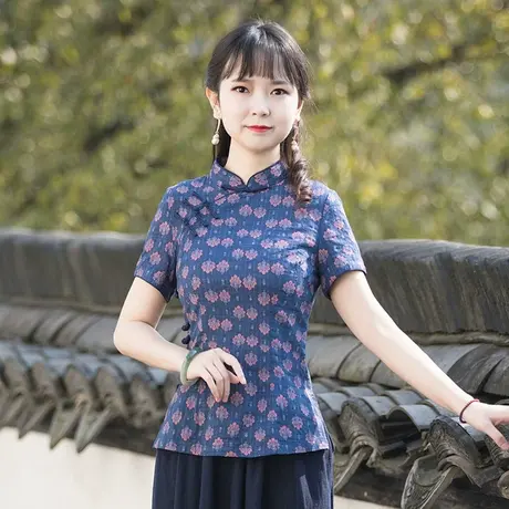 筠雅唐装女中国风改良旗袍上衣2022年夏季新款短袖素衣禅意女装商品大图