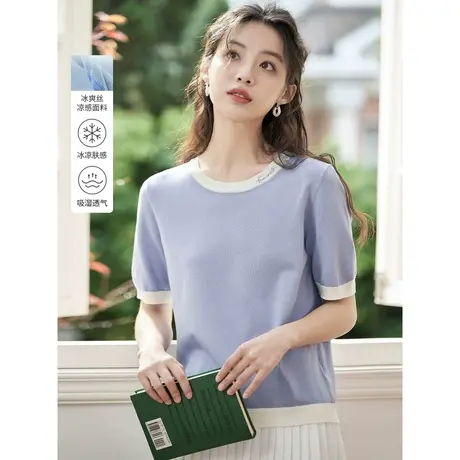 茵曼2023夏季女装新款时尚休闲撞色字母绣花圆领宽松短袖针织衫图片