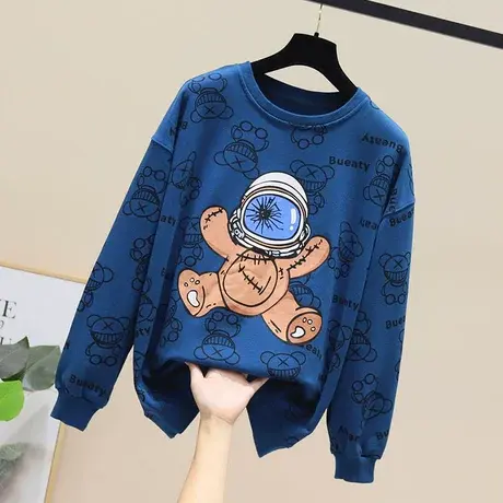 韩版休闲宽松减龄小熊印花卫衣圆领套头上衣女长袖小个子减龄潮商品大图