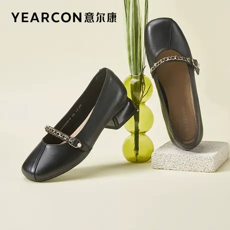 意尔康女鞋2023秋新款真皮玛丽珍鞋粗跟方头单鞋浅口中跟小皮鞋女商品大图
