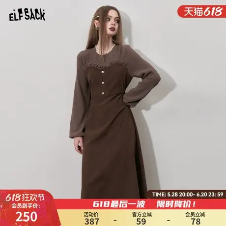 妖精的口袋复古咖色连衣裙女2025年春秋季新款收腰显瘦气质裙子图片