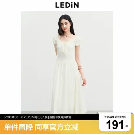 乐町小泡泡袖仙女裙夏新款可调节抽皱系带方领长裙显高显瘦短袖裙商品大图