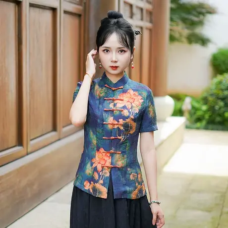 筠雅夏季新款唐装女装上衣新中式国风改良减龄复古斜襟短袖25J202商品大图