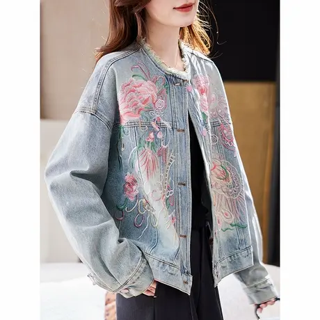 宝诗黎圆领刺绣牛仔短外套2025春季洋气休闲新中式国风大码女装图片