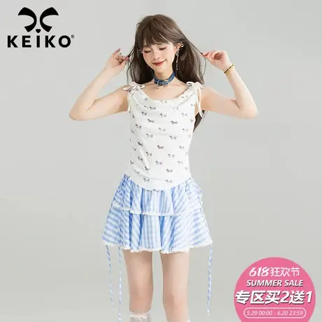 KEIKO 设计感印花系带无袖t恤女2025夏季收腰显瘦白色小背心上衣图片