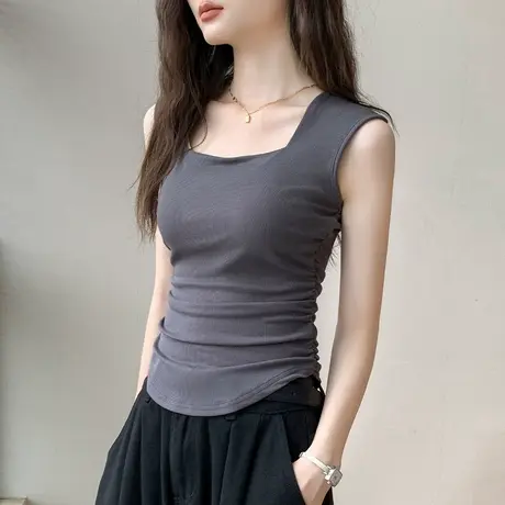 歌倍尚方领褶皱无袖背心女2025新款遮副乳辣妹风不规则下摆上衣商品大图
