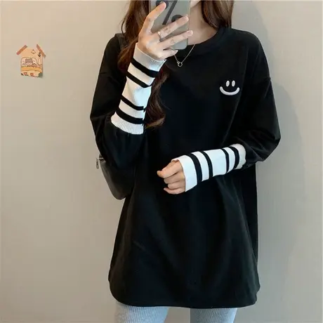 设计感小众双面德绒长袖T恤女春秋装宽松韩版显瘦磨毛刺绣上衣服商品大图