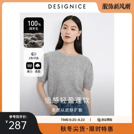 迪赛尼斯2023年秋季新款绵羊毛通勤上衣纯色镂空短袖圆领毛衣女图片
