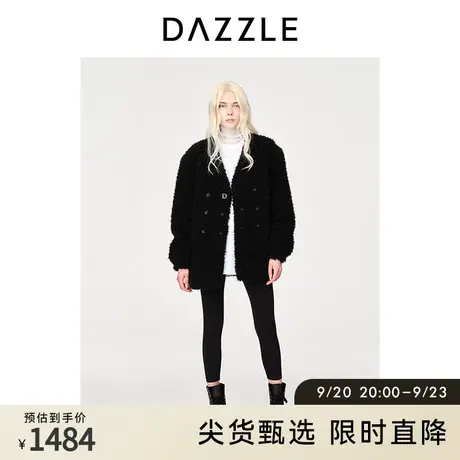 DAZZLE地素奥莱秋冬黑色千金毛绒双排扣中长款大衣仿皮草外套女图片
