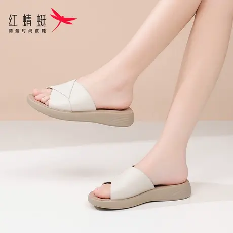 红蜻蜓拖鞋女士外穿2025新款真皮平底妈妈凉拖鞋百搭舒适软底软皮图片