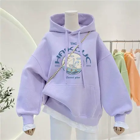 韩版东大门日系胖mm大码秋冬连帽卫衣女ins潮加绒小众闺蜜装上衣商品大图