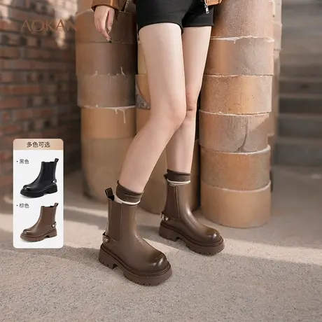 奥康 女鞋冬季厚底时尚套脚时装靴中筒柔软切尔西瘦瘦靴商品大图