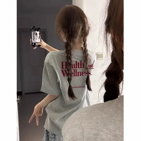 夏季纯棉字母短袖t恤女2025新款灰色落肩美式小众设计感宽松上衣商品大图