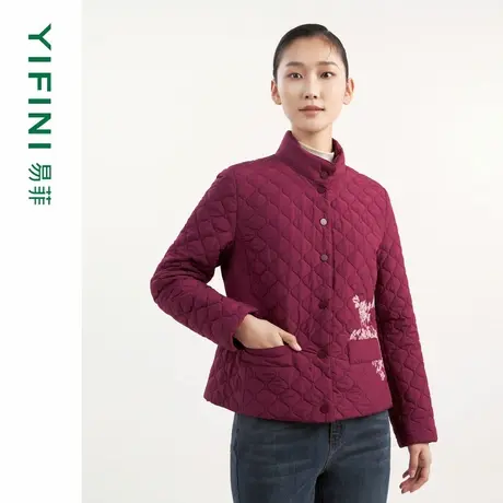 [专柜同款]Yifini/易菲修身保暖文艺绣花短款棉服外套女棉衣上衣商品大图