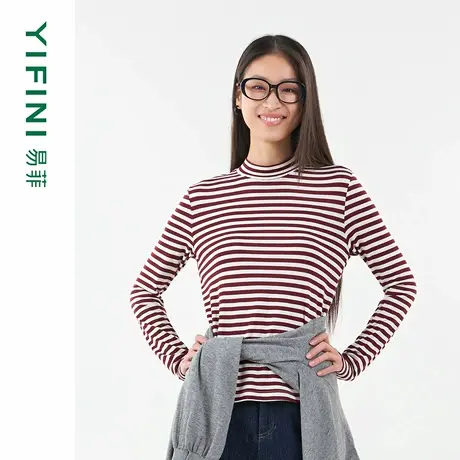 [专柜同款]Yifini/易菲天丝羊毛半高领修身条纹长袖针织衫打底衫商品大图