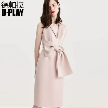 D－PLAY德帕拉夏款欧美浅粉色深V领蝴蝶结系带收腰纯色连衣礼服裙商品大图