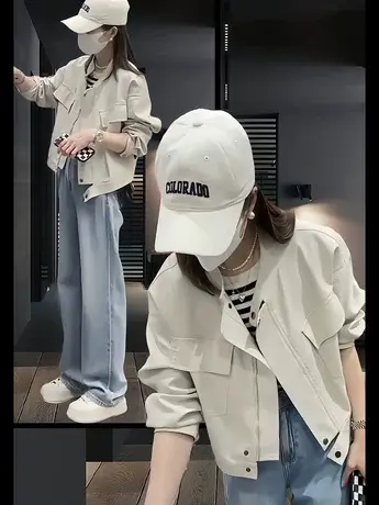 欧洲站立领短款pu皮衣高级感小众机车服2023春秋新款宽松短外套女商品大图