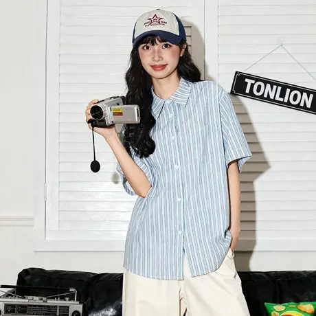 唐狮官方衬衫短袖t恤女2026新款春夏美式学院条纹半袖翻领上衣VC商品大图
