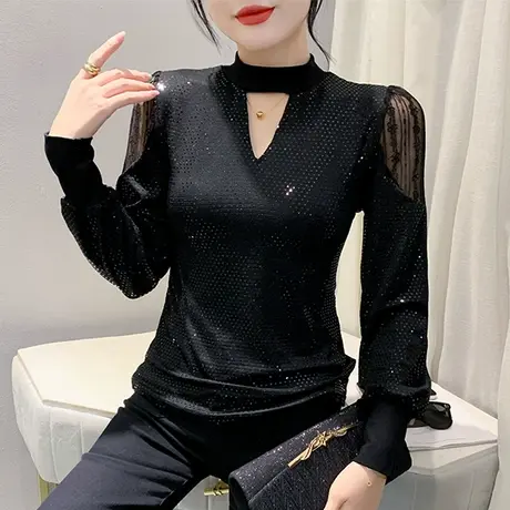 秋季镂空新款T恤女长袖性感网纱拼接立领上衣欧货减龄修身打底衫图片