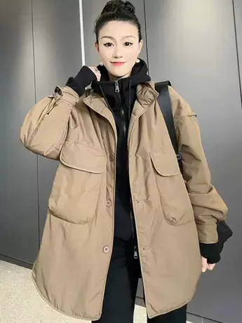 棉衣女2023秋冬新款大码宽松工装大口袋简约立领中长款棉服外套女商品大图