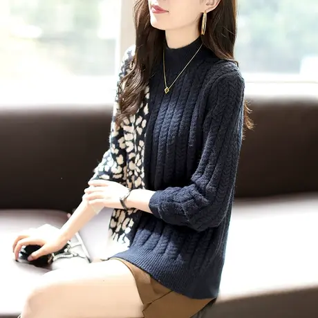宝诗黎豹纹提花毛衣女新款软糯宽松打底衫2023半高领针织上衣早春图片