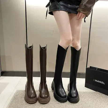 厚底长筒靴女2023年春秋季新款小个子粗腿显瘦法式靴子粗跟骑士靴图片