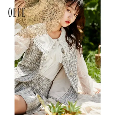 Oece春装女装 半糖艺术复古小香风个性百搭粗花马甲外套图片