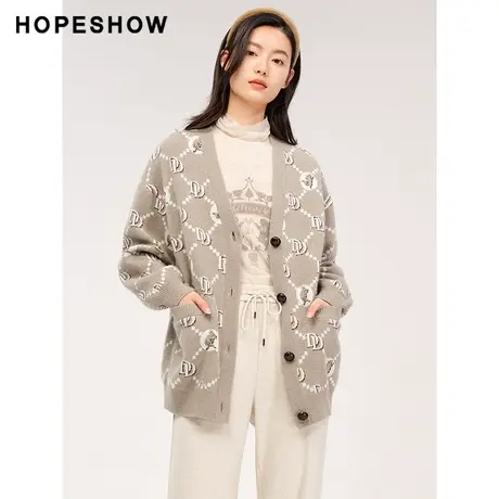 红袖outlets主题单排扣V领开衫hopeshow2023冬款宽松休闲针织衫商品大图