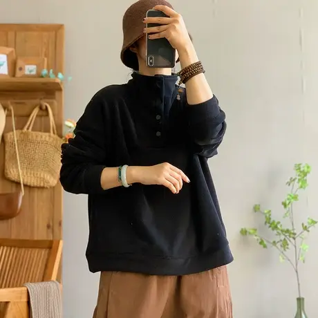 dza 复古加厚保暖奥粒绒高领卫衣女秋冬宽松长袖外套休闲纯色上衣商品大图