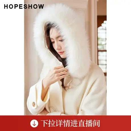 【直播专享】单排扣落肩连帽毛领双面呢大衣90122360803红袖商品大图