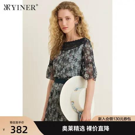 YINER音儿女装夏季新款收腰印花蕾丝雪纺衫商品大图