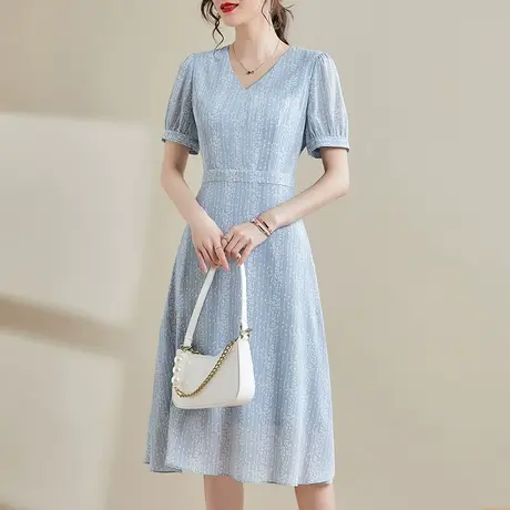 水墨青华新款夏季短袖V领中长款印花裙显瘦收腰大摆连衣裙商品大图