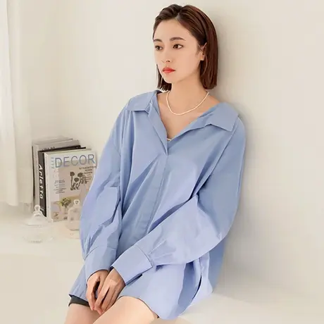 桔熊春秋季通勤遮肉翻领侧开衩宽松长袖衬衫女胖妹妹大码AB17864商品大图