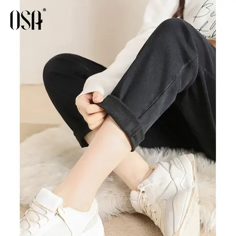 OSA欧莎火山岩黑色磨毛加绒直筒牛仔裤女2021年新款秋冬季老爹裤商品大图