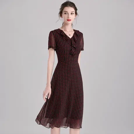 水墨青华夏装新品荷叶边V领修身大摆裙时尚波点印花连衣裙女商品大图