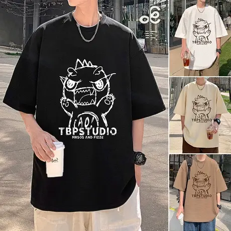 华夫格夏季短袖T恤男潮牌半袖休闲宽松上衣五分袖卡通印花体恤衫商品大图