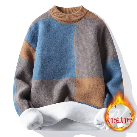 毛衣男加绒加厚2022秋冬季款圆领潮牌撞色情侣线衣宽松打底针织衫商品大图