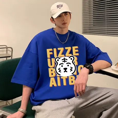 夏季虎头短袖t恤男宽松字母卡通老虎印花纯棉潮牌设计感小众体恤t商品大图