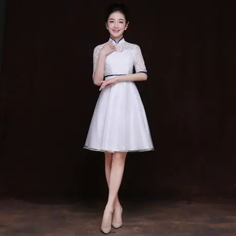 旗袍2024新款中国风端庄礼仪时尚少女短款大气白色蕾丝毕业礼服裙图片
