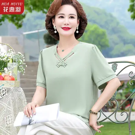 妈妈夏装时尚衣服气质中年女冰丝雪纺衫短袖T恤中老年人洋气女装商品大图