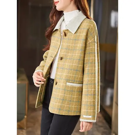 宝诗黎翻领格子短款绵羊毛呢外套2023秋季新款单排扣宽松开衫大衣商品大图