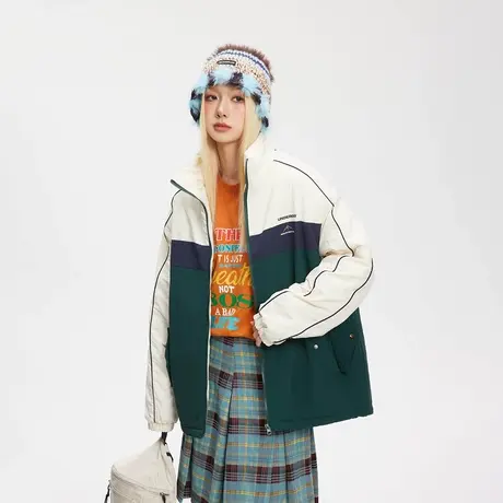 美式拼接立领棉服女加厚冬季外套2023年新款复古宽松oversize棉衣商品大图