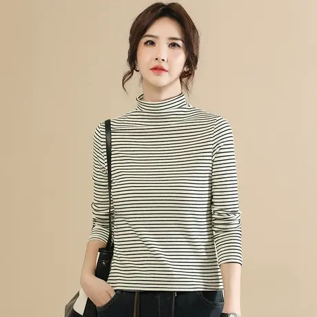 韩潮袭人高领条纹长袖T恤女2023冬季新款修身显瘦打底衫内搭上衣商品大图